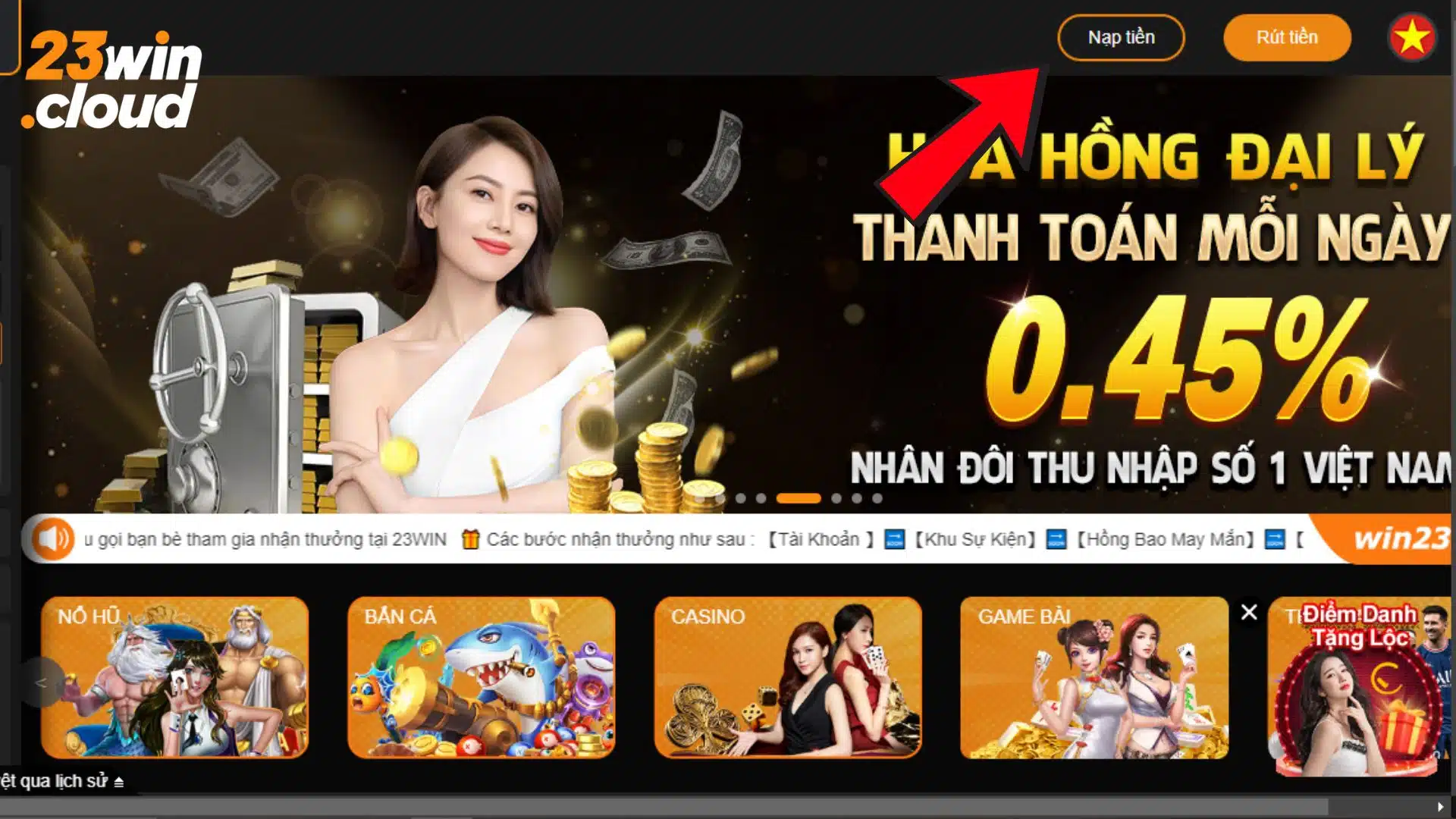 Truy cập mục nạp tiền 23Win