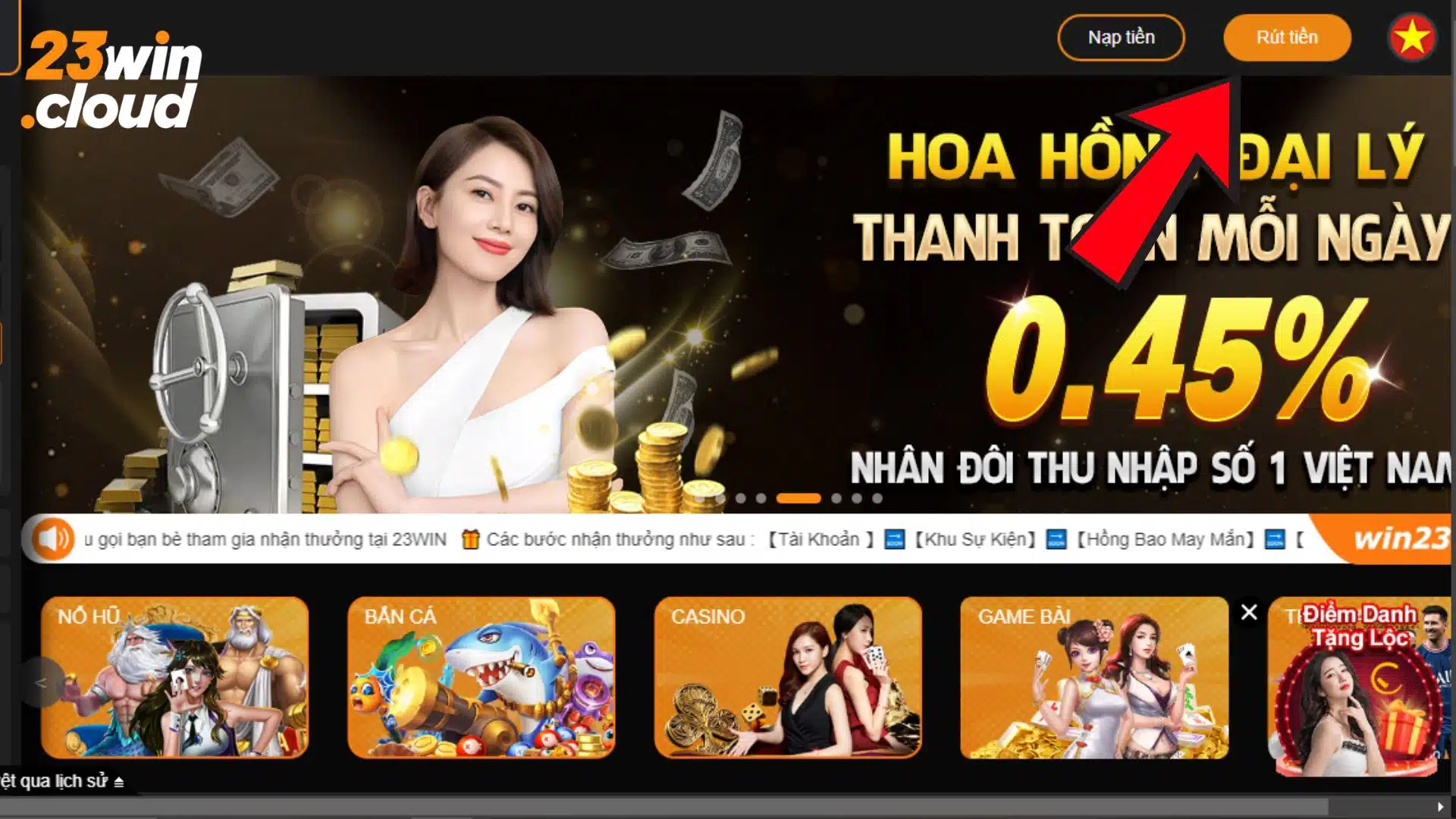 Chọn mục Rút tiền 23Win